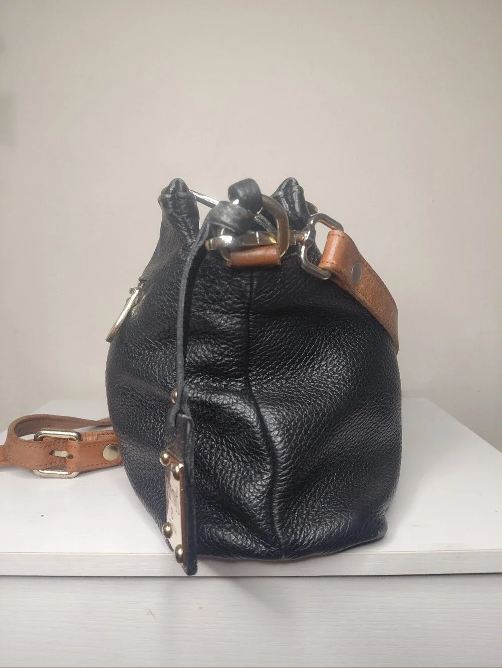 Valentina Black Leather Crossbody with Tan Strap and Gold Hardware